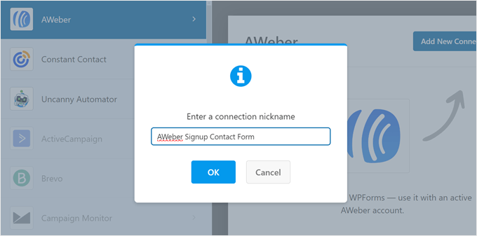 Giving the AWeber WPForms connection a nickname