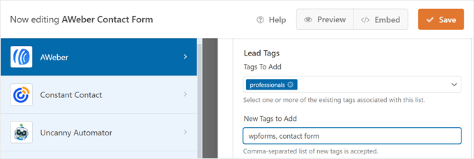 Adding AWeber tags to WPForms