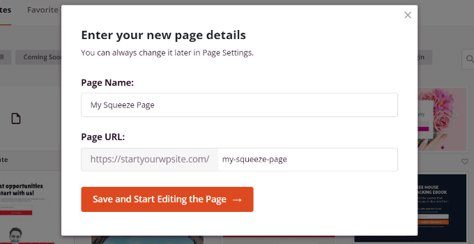 Enter a name for squeeze page