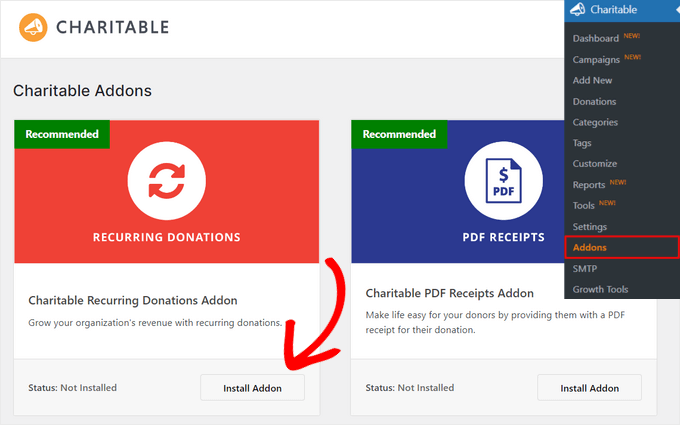 Install and activate Charitable recurring donations addon
