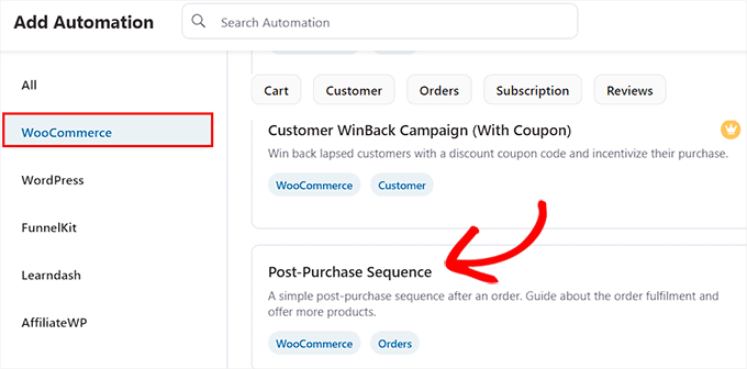 Select post purchase sequence template