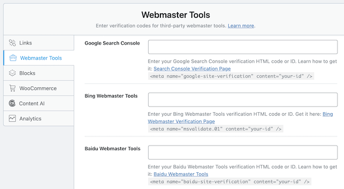 Verifying your site with major search engines and social media sites