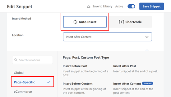 Choosing Insert After Content in WPCode