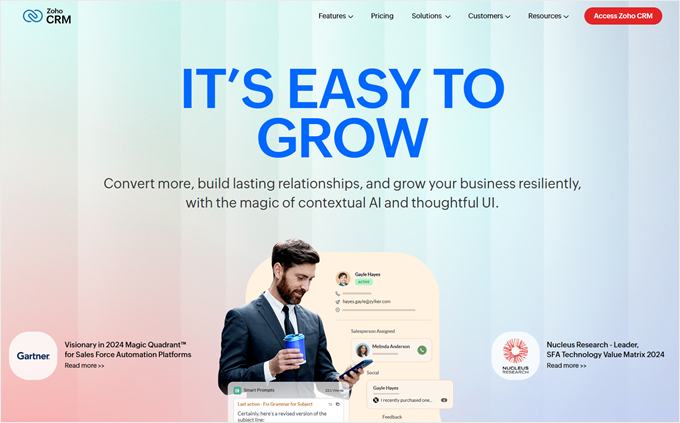 Zoho CRM's landing page