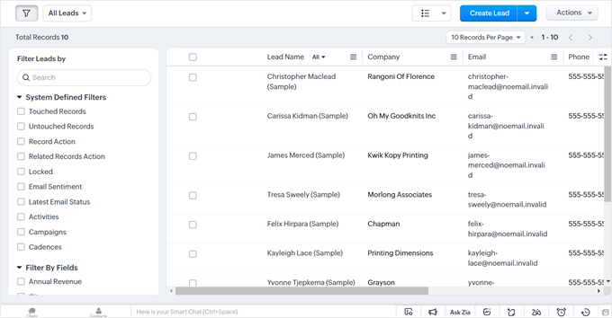 Zoho CRM's interface