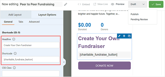 Add the fundraiser button shortcode