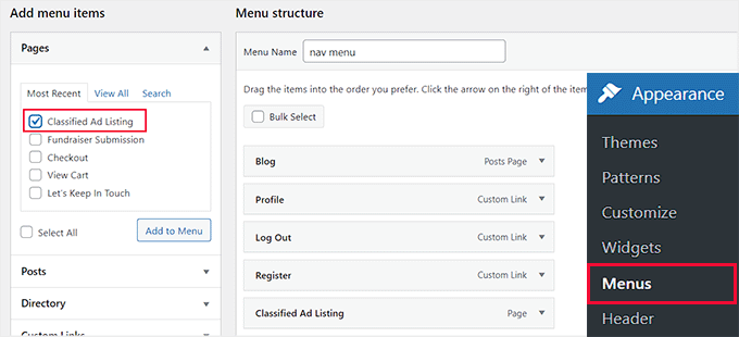 Add Classified listings page to navigation menu