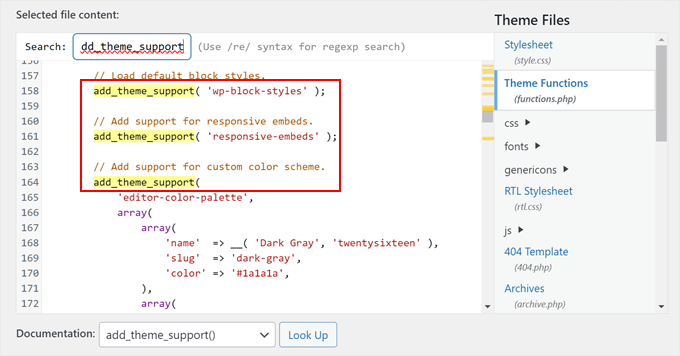 The add theme support function in functions.php