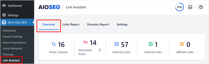 The Link Assistant dashboard in AIOSEO