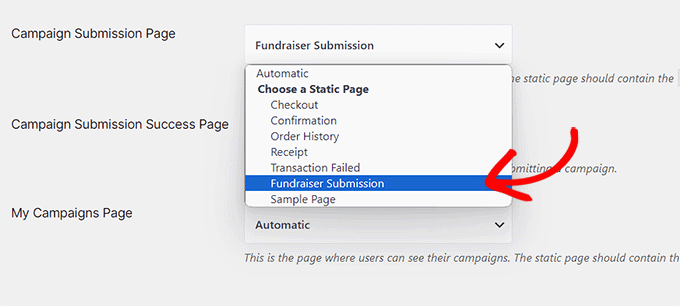 Choose campaign submission page from the dropdown menu