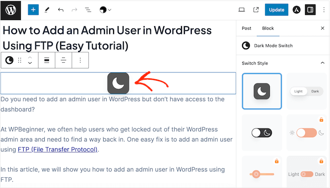 Adding a Dark Mode block in the WordPress block editor
