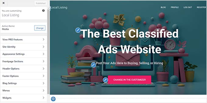 Edit ads site in the theme customizer