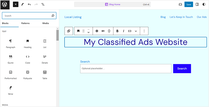 Edit ads site in the full site editor