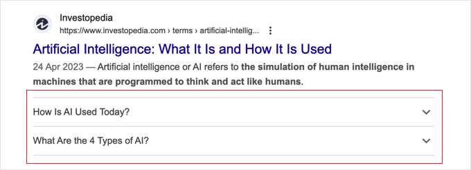 An example of an FAQ, on a SERPs page
