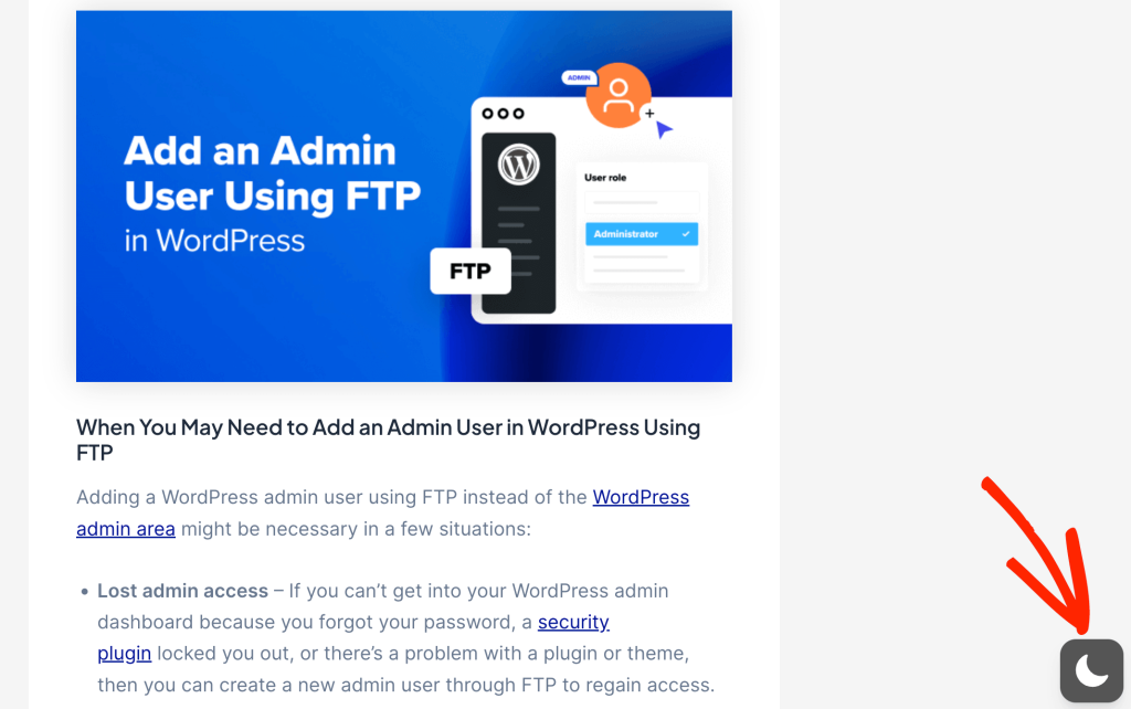 An example of a floating dark mode switch on a WordPress website