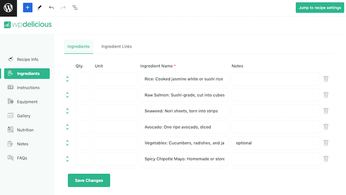 A list of recipe ingredients on a WordPress website