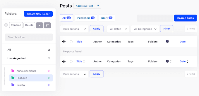 Organizing posts, pages, and other content into folders