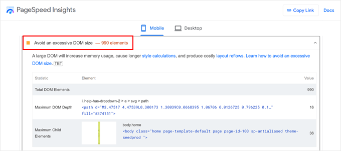 Avoid an excessive DOM size warning in PageSpeed Insights