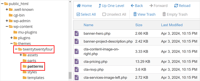 The block theme's patterns folder as seen in Bluehost file manager