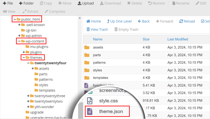 theme.json location as seen in Bluehost file manager