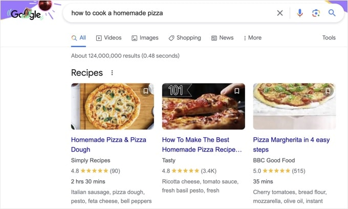 An example of a featured recipe snippet, in Google
