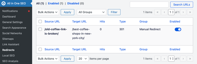 Log of Redirected Pages in AIOSEO Redirection Manager