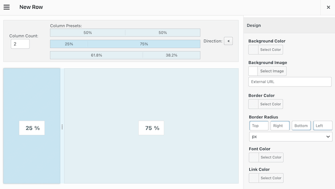 Customizing the row design in a custom landing page or sales page