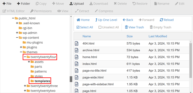 The block theme's templates folder seen in Bluehost file manager