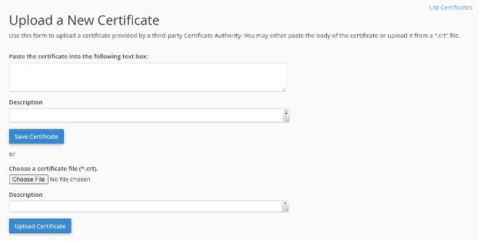 Upload new SSL certificate in cPanel