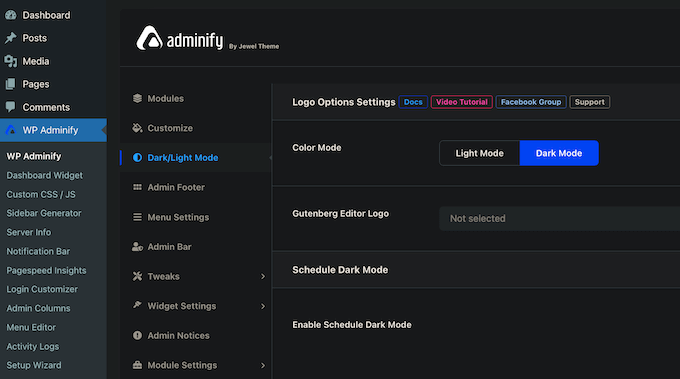 An example of dark mode, on a WordPress website