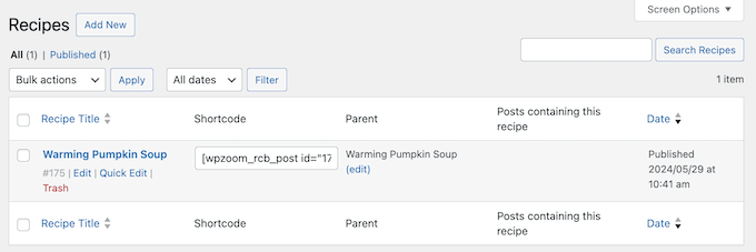 Managing food custom post types in the WordPress dashboard