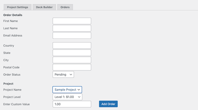 Manually adding orders to the WordPress dashboard