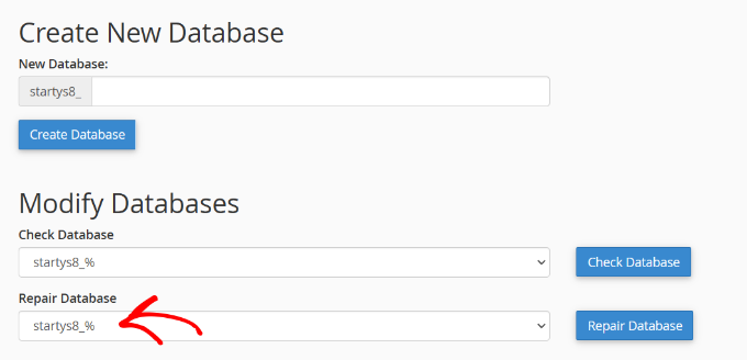 Choose a database to repair