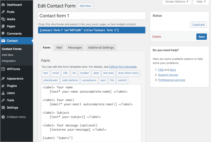 Contact Form 7's text-based editor for building a form