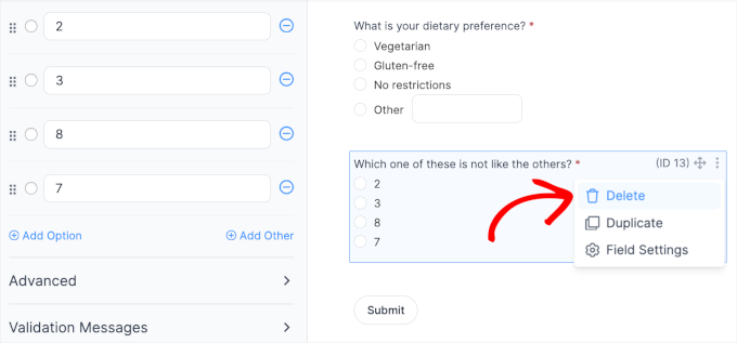 Formidable Forms' delete  field button