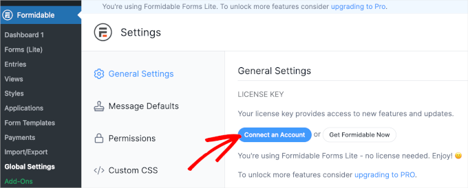 Connect an account button on Formidable Forms' general settings