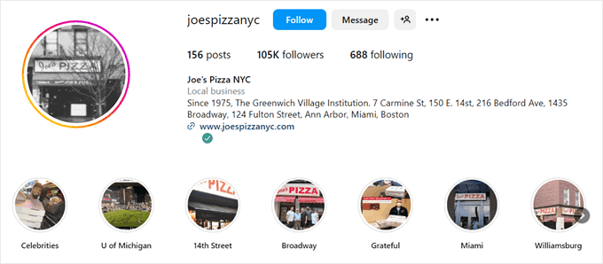 Joe's Pizza's location on Instagram