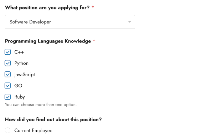 Job Application Form with conditional logic on a live website