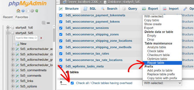 Repair the WordPress Database in phpMyAdmin