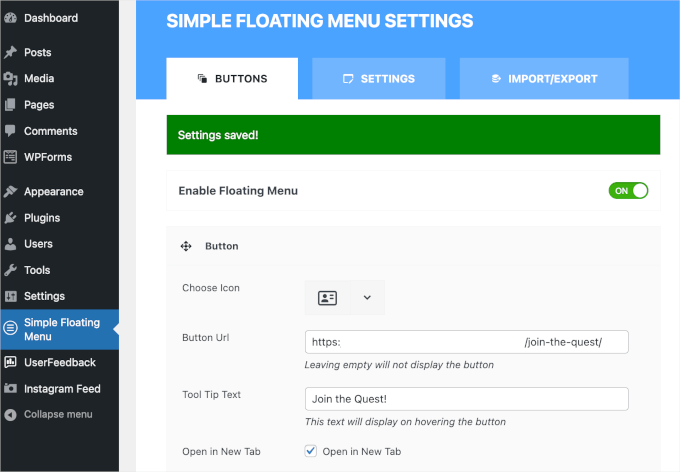 The Simple Floating Menu plugin's settings area with the Enable Floating Menu slider