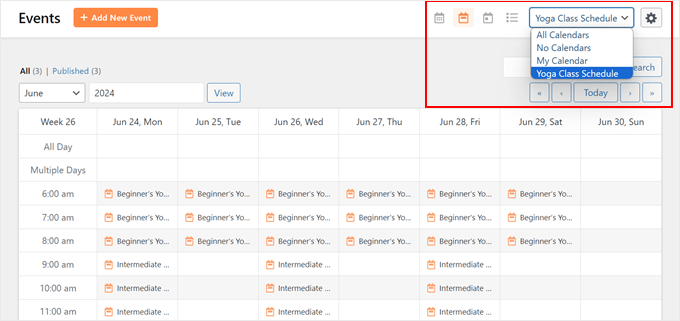 The event filters in the Sugar Calendar event admin page