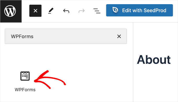 The WPForms block to add to the WordPress block editor