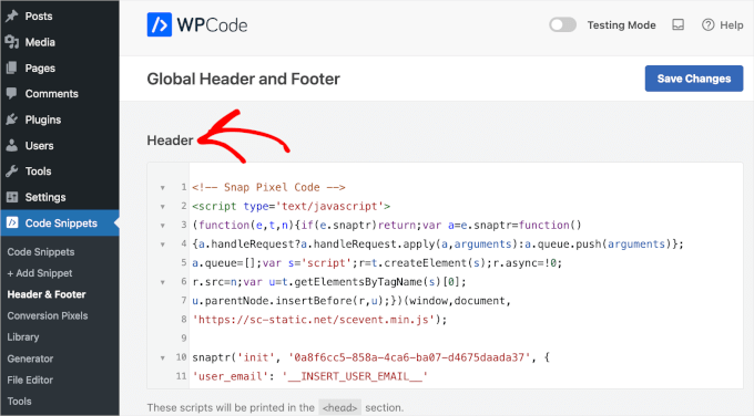 Pasting the Snapchat Pixel base code to WPCode Header section