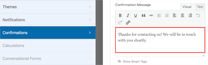 The Confirmation Message field in WPForms' Confirmation section in the Settings panel