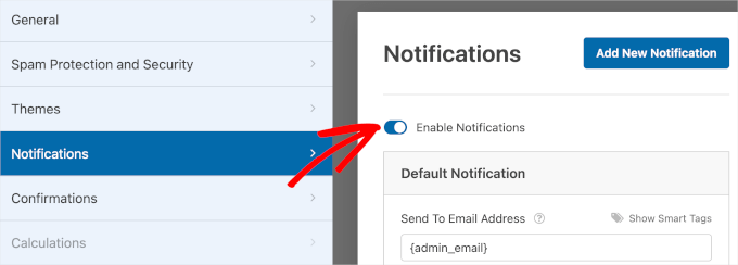 The Enable Notifications toggle in WPForms' Notifications section in the Settings panel