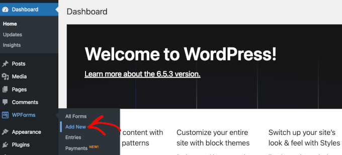 The Add New button under WPForms in the WordPress admin area