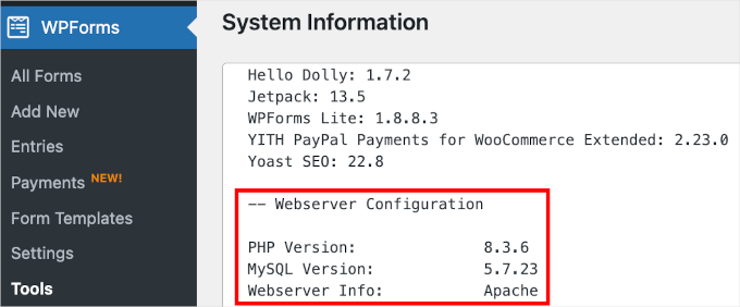 The Webserver Configuration information in WPForms