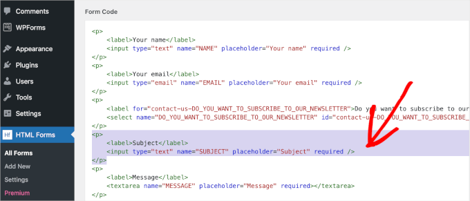 Selecting the subject field's tag to remove in HTML Forms