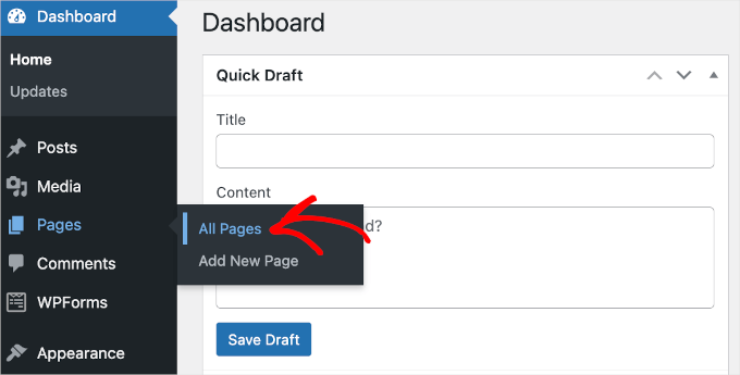 The All Pages menu item in the WordPress admin area