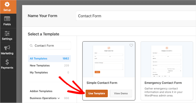 The Use Template button in WPForms